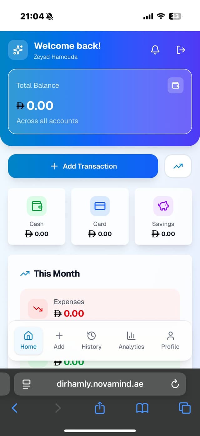 Dirhamly - Personal finance management app for tracking expenses, budgets, and financial analytics.